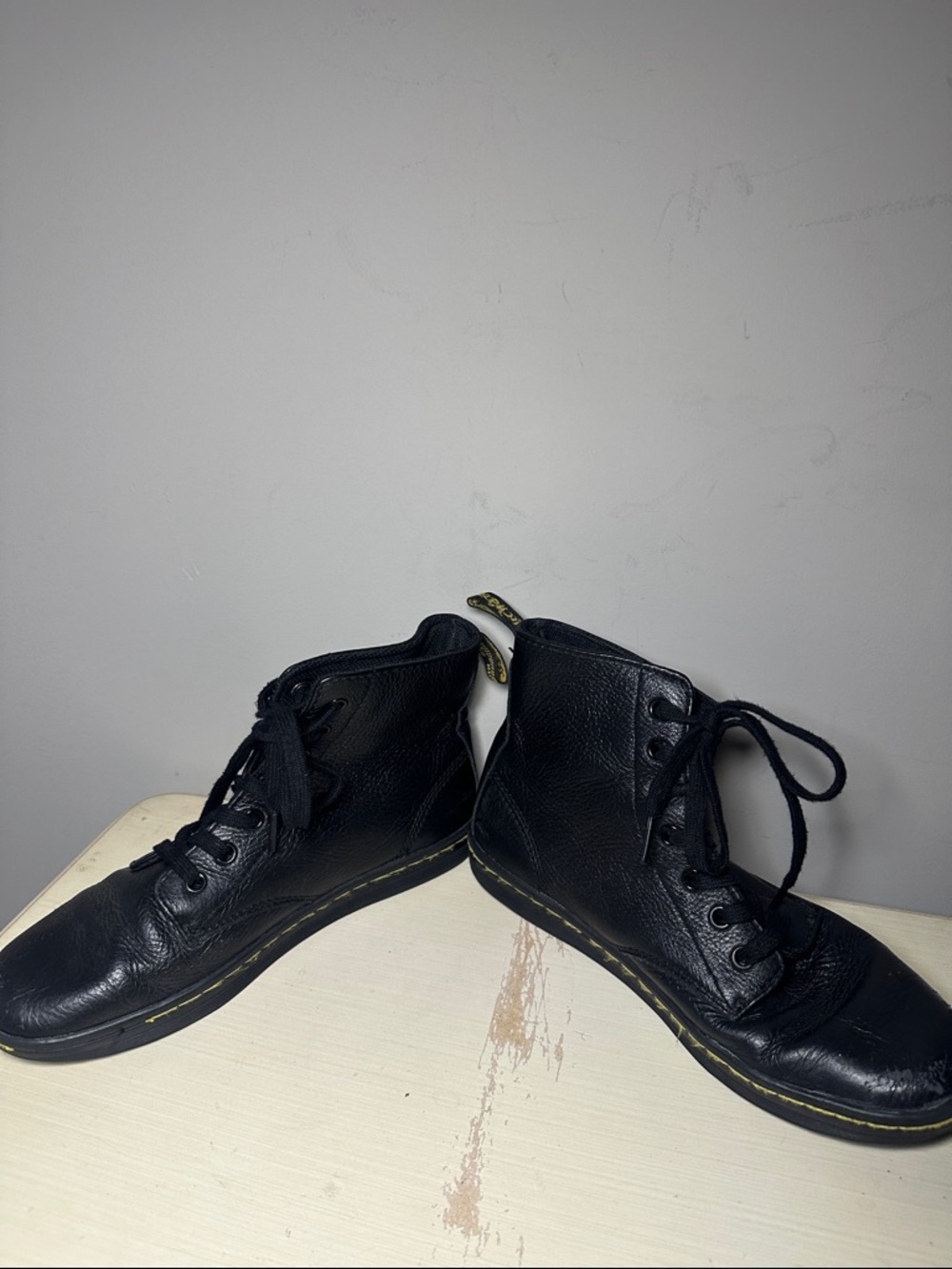 Doc Martens Black Leather Lace-Up Boots with Yellow Stitching - Picture 5 of 8